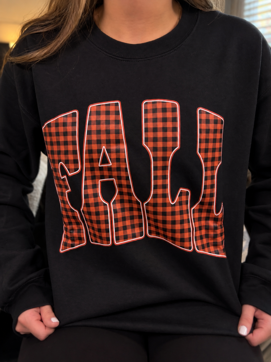 Gingham Fall Graphic Crewneck: BLACK