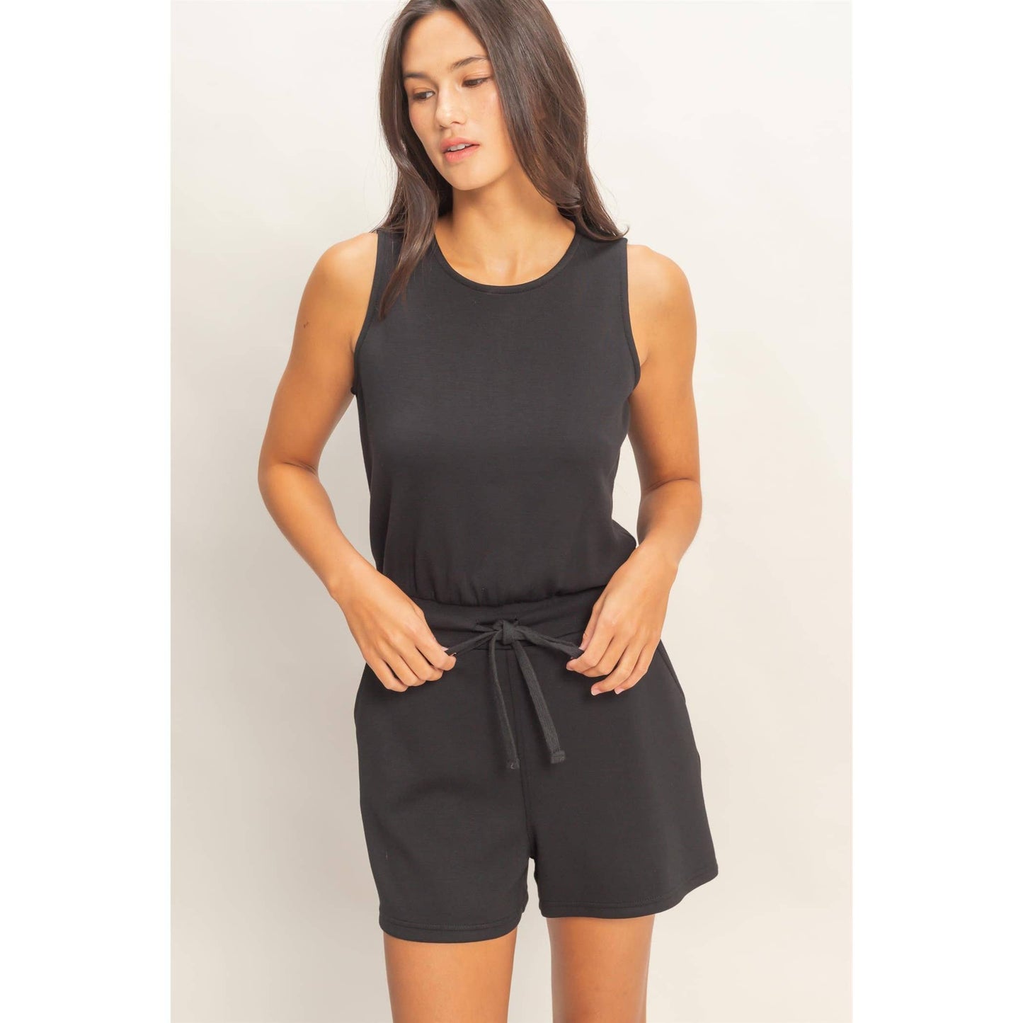 Drawstring Waist Sleeveless Romper: BLACK