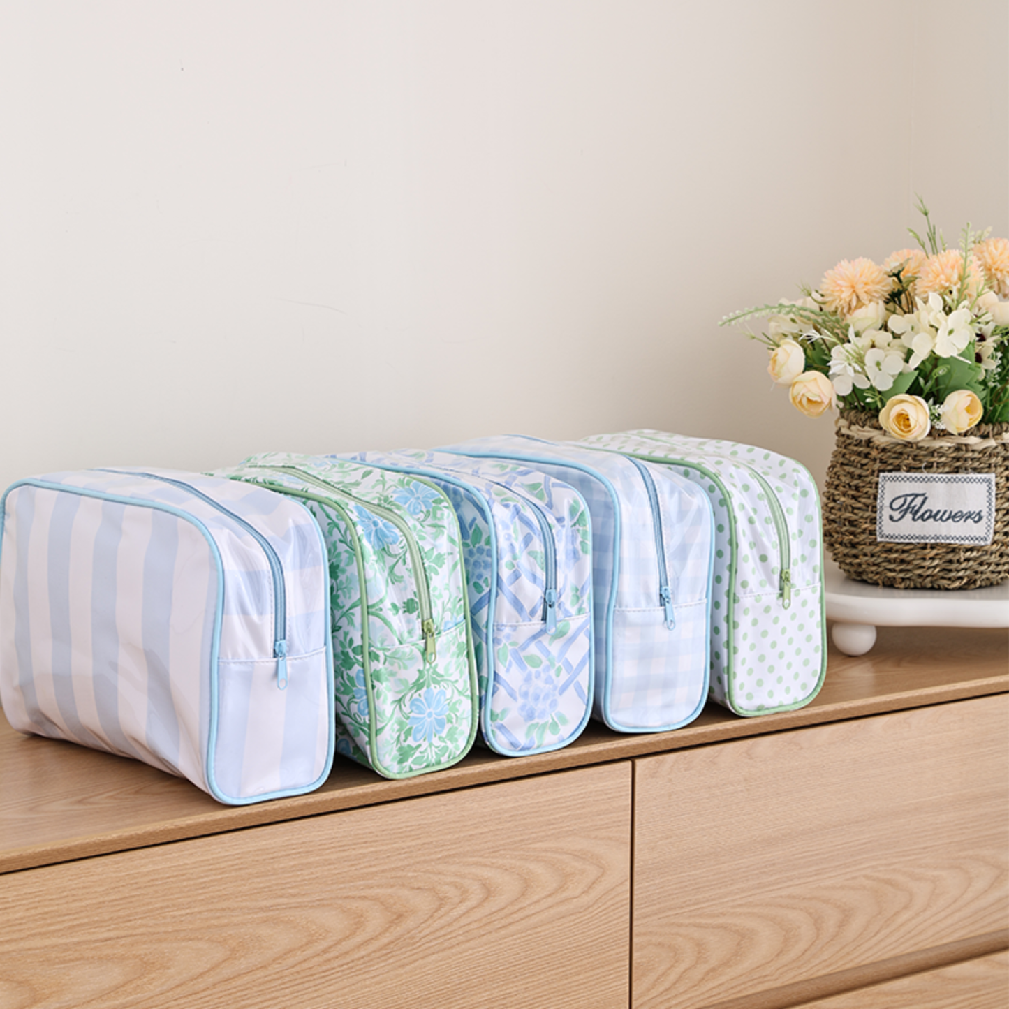 PVC Clear Coat Cosmetic Bag Make up Case Embroidery Blank: Seaside Vineyard
