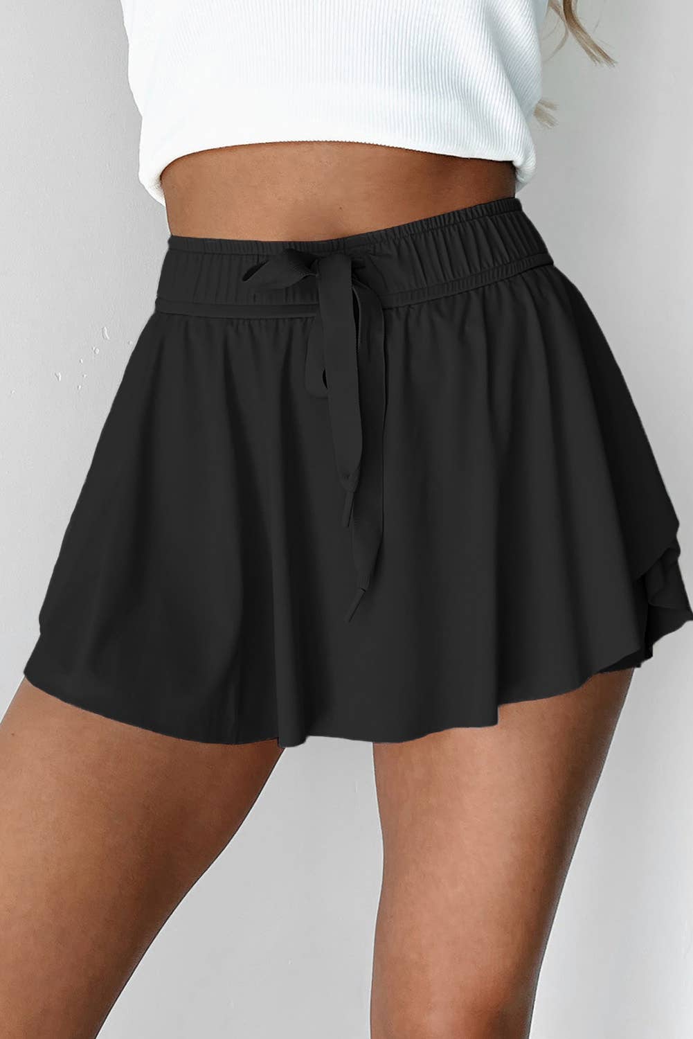Drawstring Elastic Waistband Lined Tennis Skort: Black