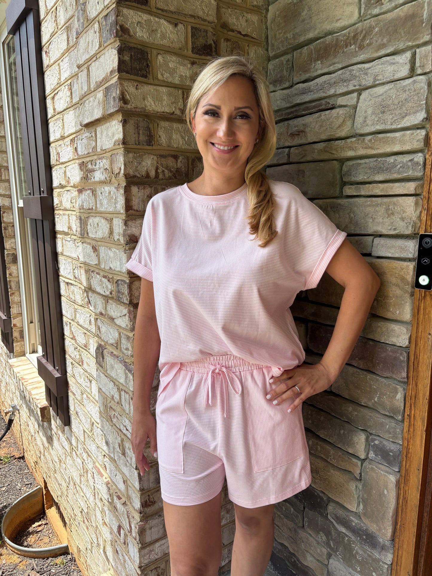 Stripe Matching Oversized Tee and Drawstring Shorts Set: Pink Stripe