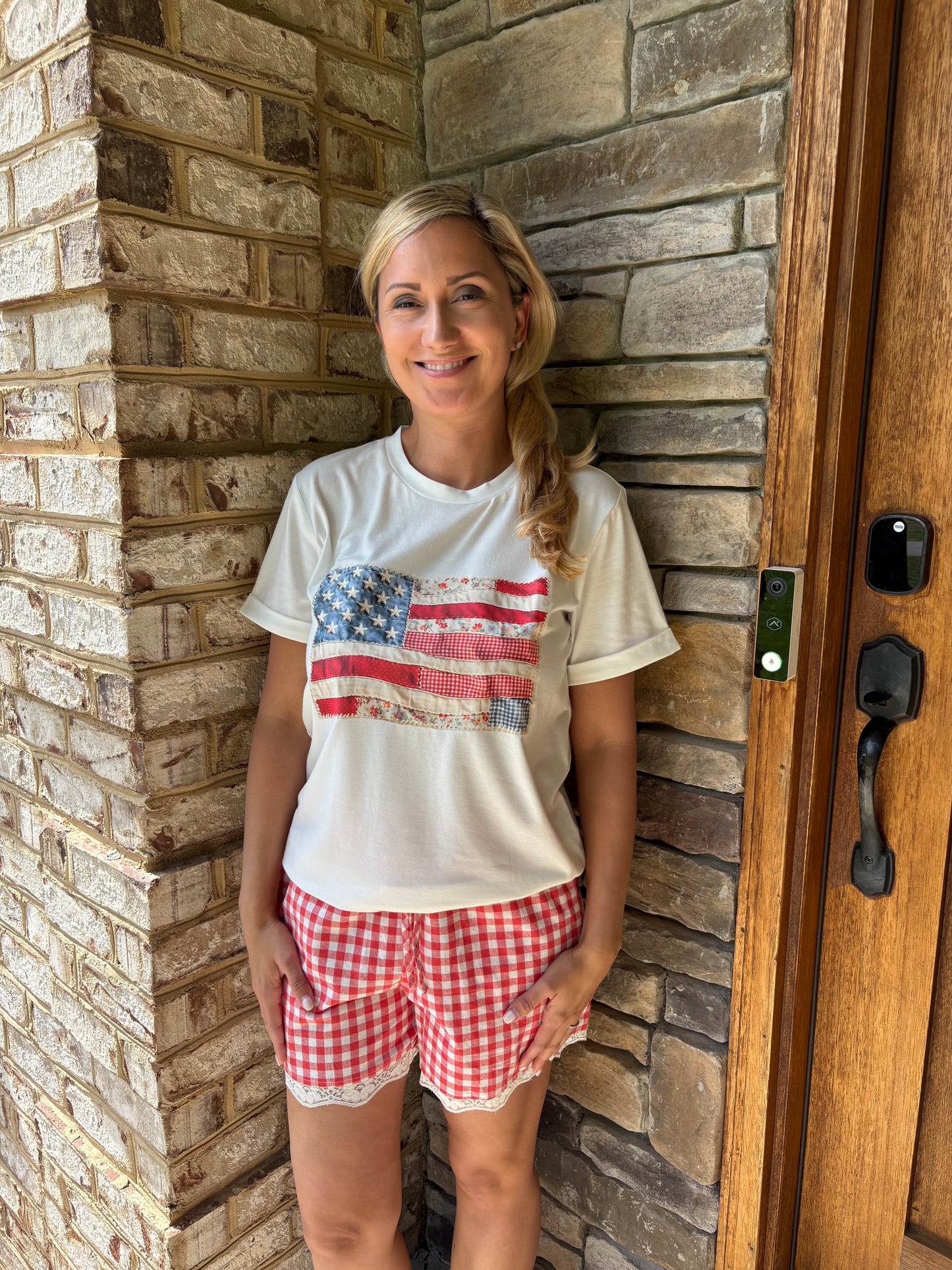 Faux Patchwork Printed US Flag Casual Tee: White