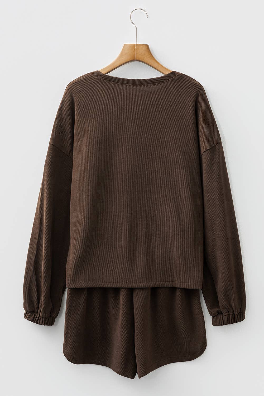Textured Knit Drop Shoulder Pullover Drawstring Shorts Set: Dark Brown