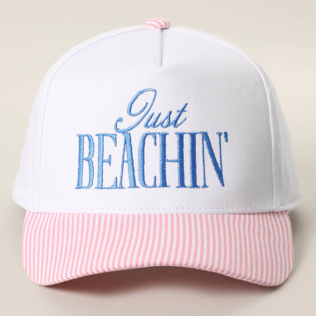 JUST BEACHIN' Embroidered Stripe Brim Trucker Hat: PINK