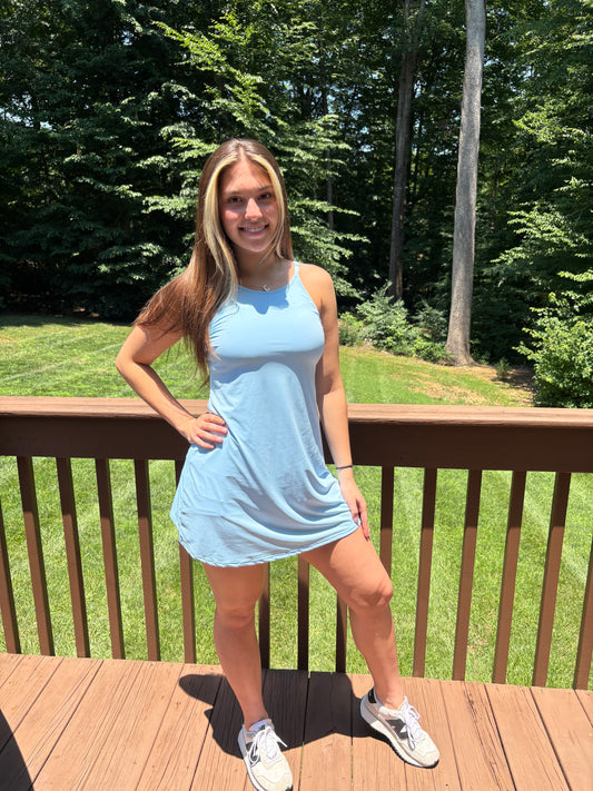 Solid Slim Tank Dress with Athletic Shorts Two Piece Set: Beau Blue