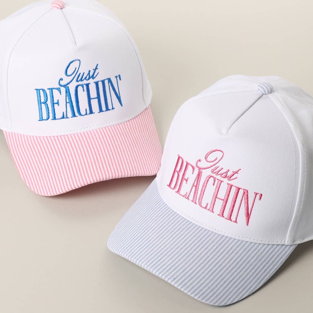 JUST BEACHIN' Embroidered Stripe Brim Trucker Hat BLUE