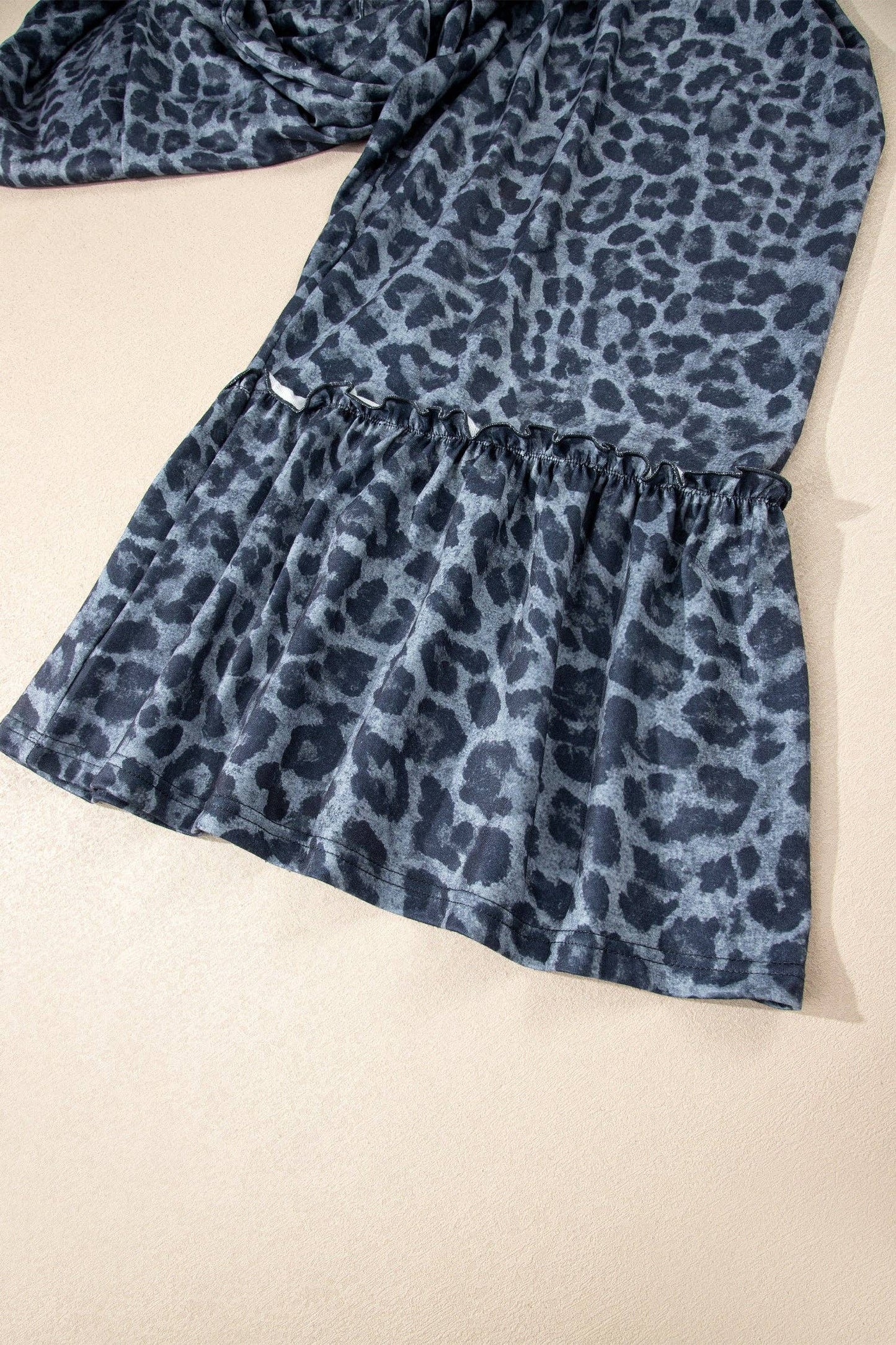 Gray Wild Leopard Print Frilled Detail Drawstring Wide Leg Pants: Gray