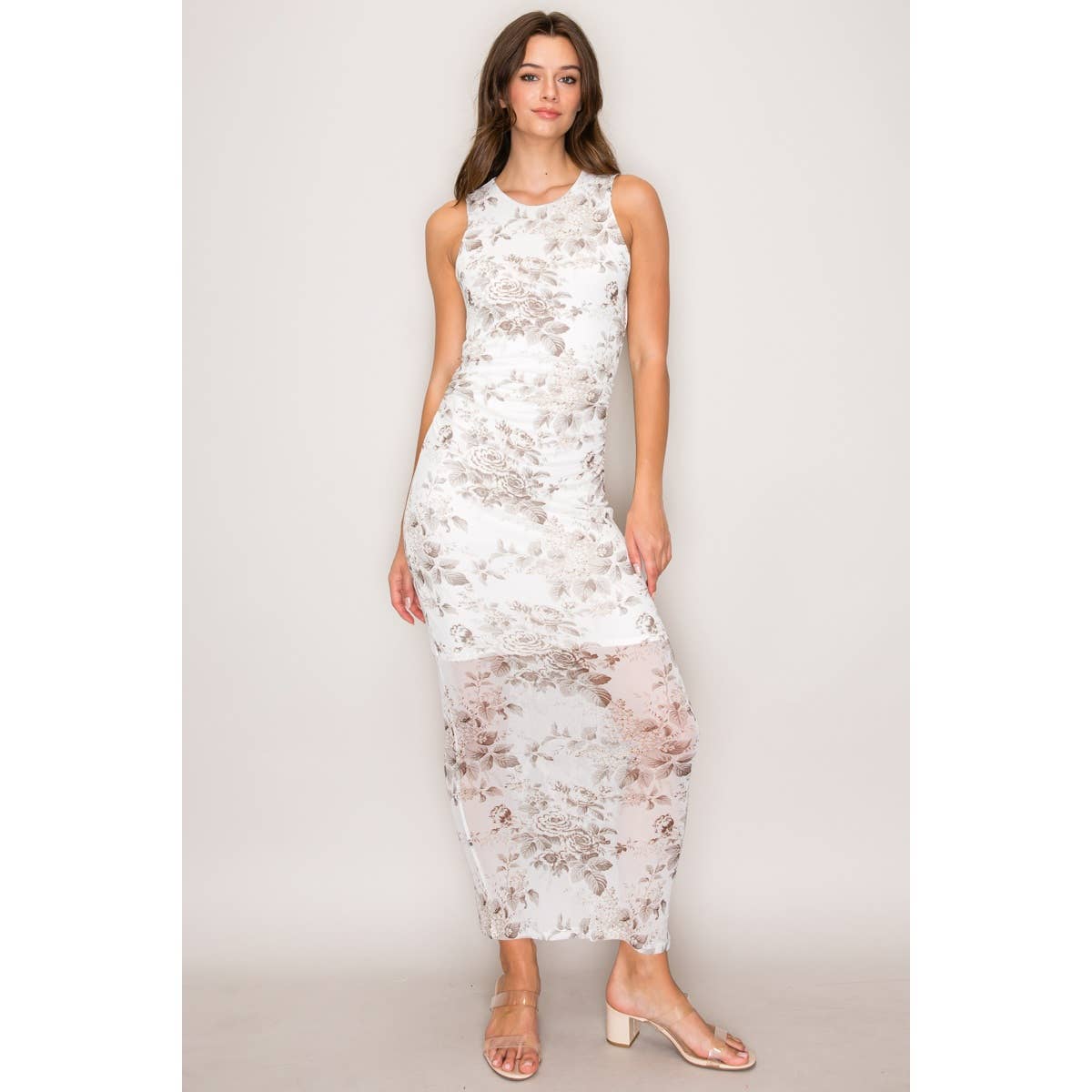 Printed Mesh Maxi Dress with Cut-Out Back: Audrey Coconut Milk