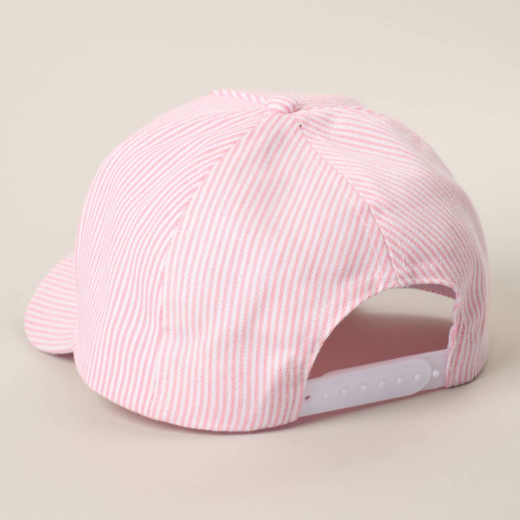 TANNED & TIPSY Embroidered Seersucker Stripe Trucker Hat: PINK