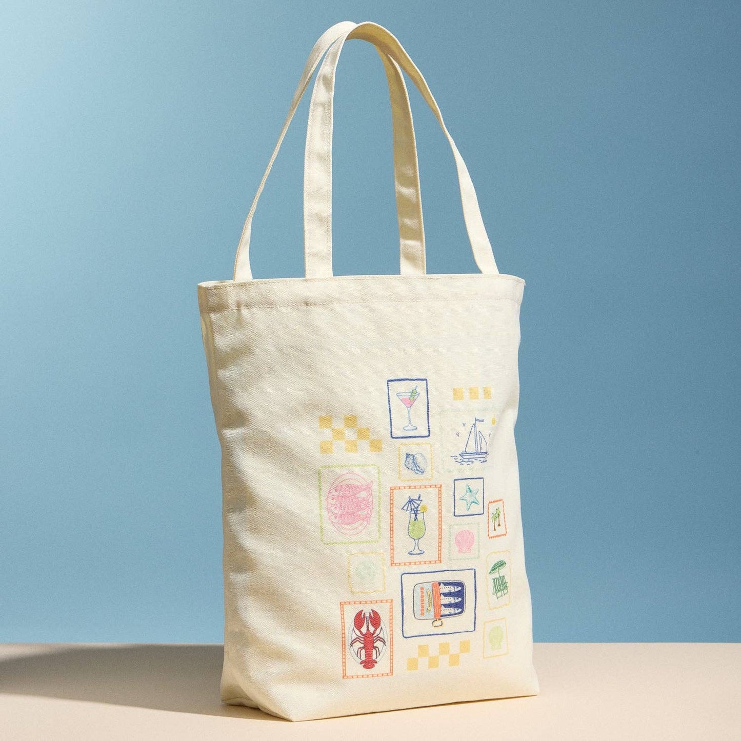 Cream Canvas Tote Bag with Coastal Stamp Print