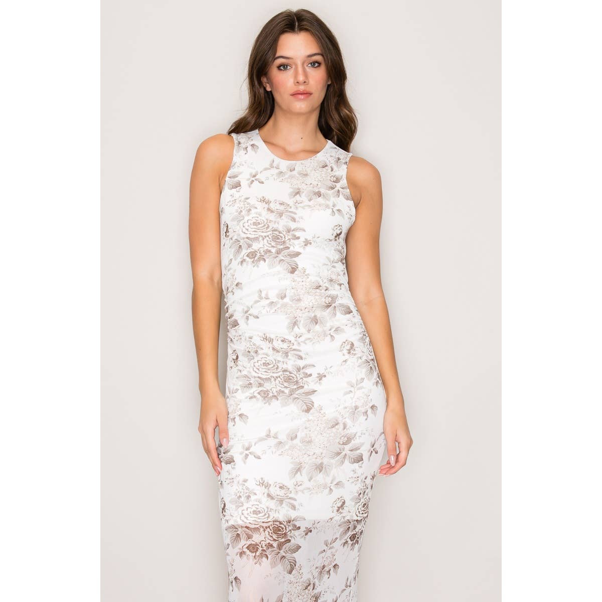 Printed Mesh Maxi Dress with Cut-Out Back: Audrey Coconut Milk