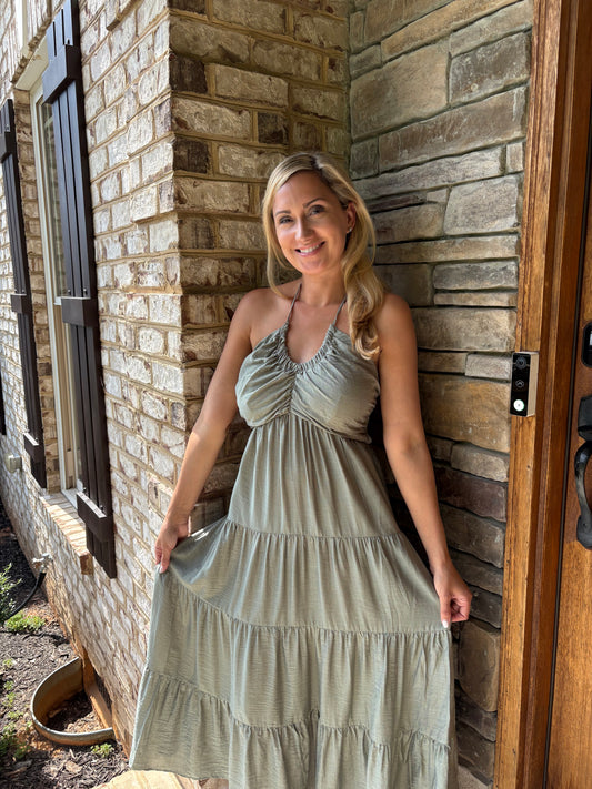 Women's Halter Tiered Maxi Dress Backless Boho Summer Vacation: Green