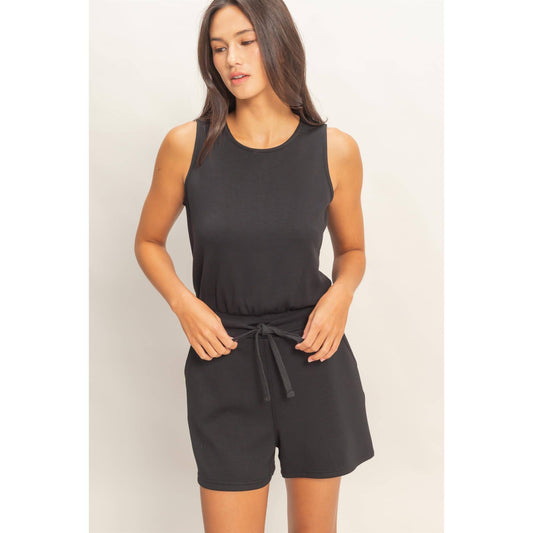 Drawstring Waist Sleeveless Romper: BLACK