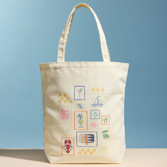 Cream Canvas Tote Bag with Coastal Stamp Print