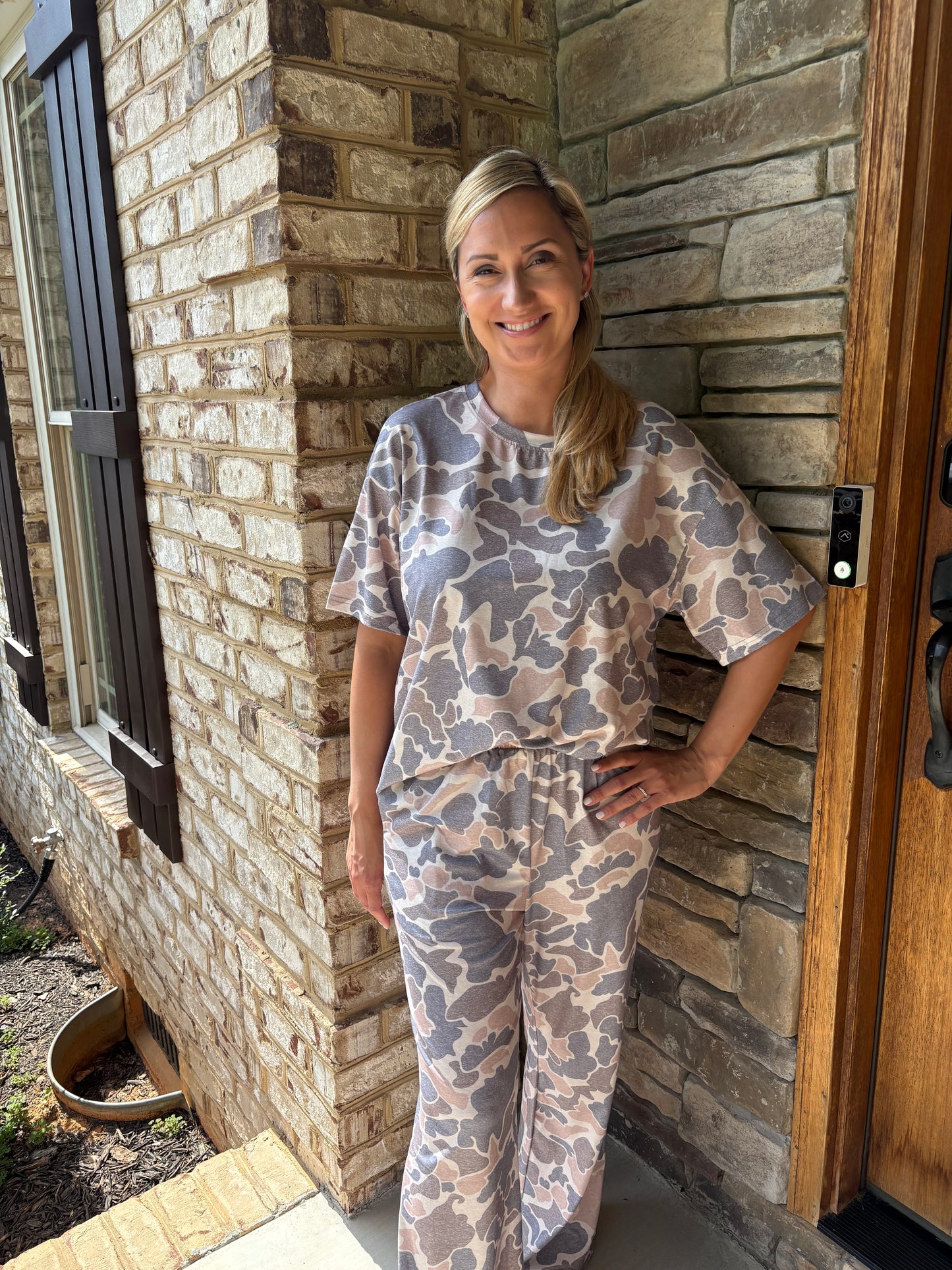 Camo Print Tee and Wide Leg Pants Two Piece Set: Multicolour