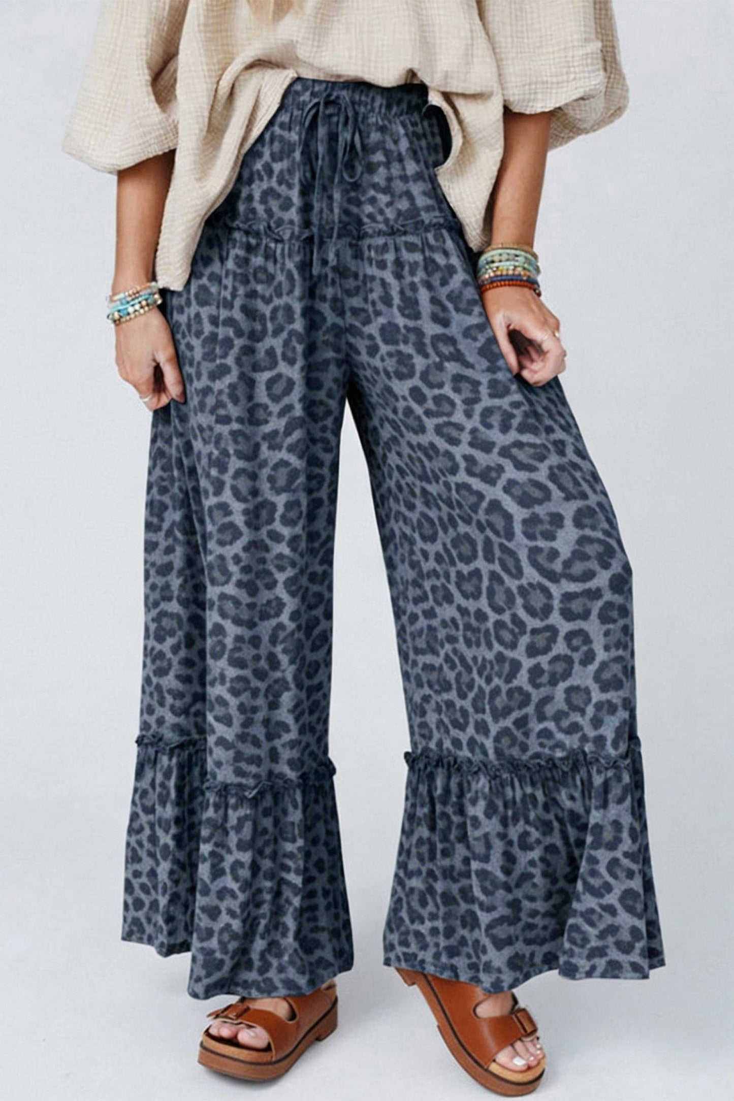 Gray Wild Leopard Print Frilled Detail Drawstring Wide Leg Pants: Gray