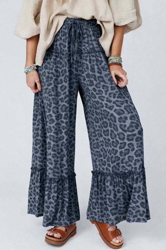 Gray Wild Leopard Print Frilled Detail Drawstring Wide Leg Pants: Gray