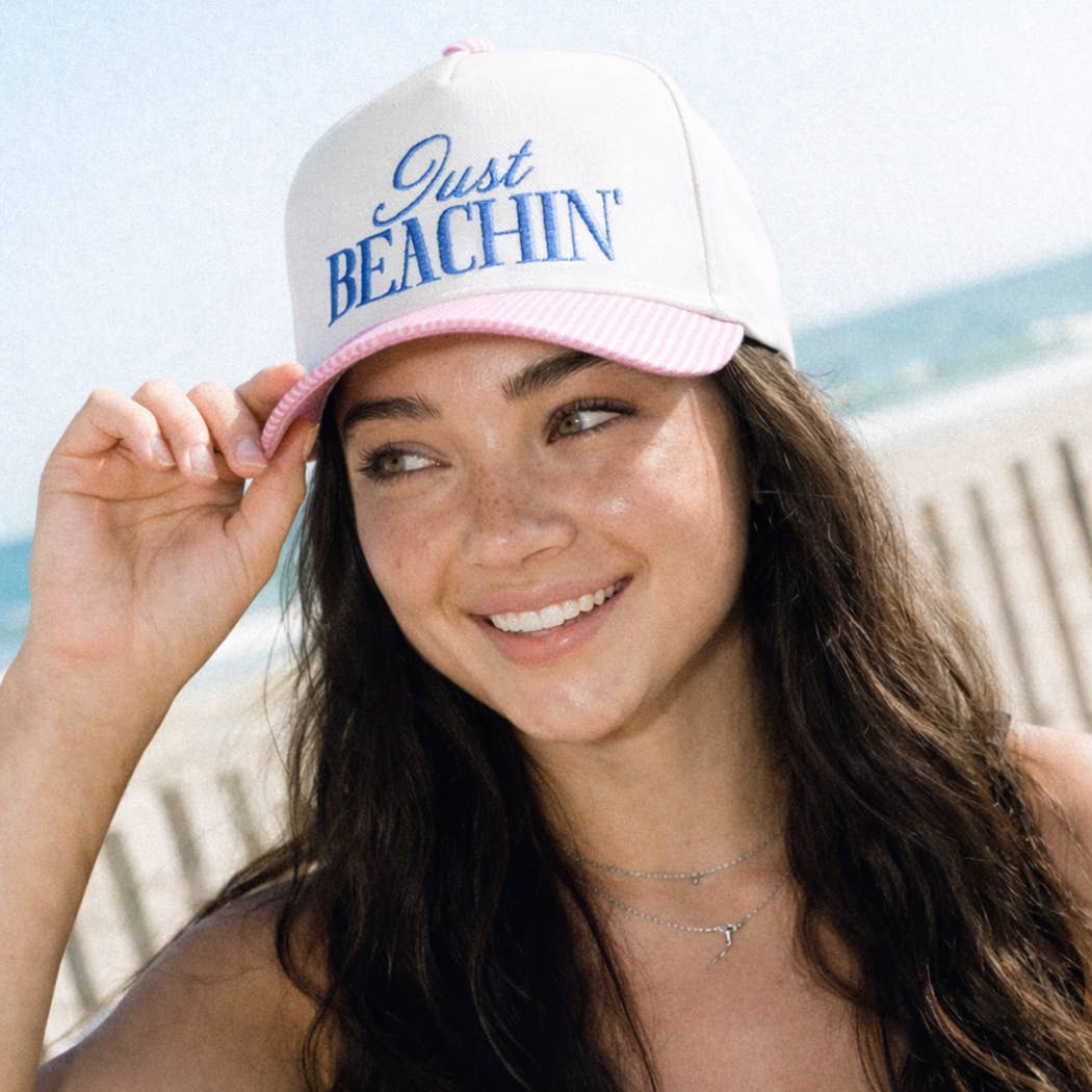 JUST BEACHIN' Embroidered Stripe Brim Trucker Hat BLUE