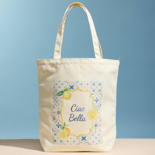 Canvas Mediterranean Tote Bag | Lemon Print