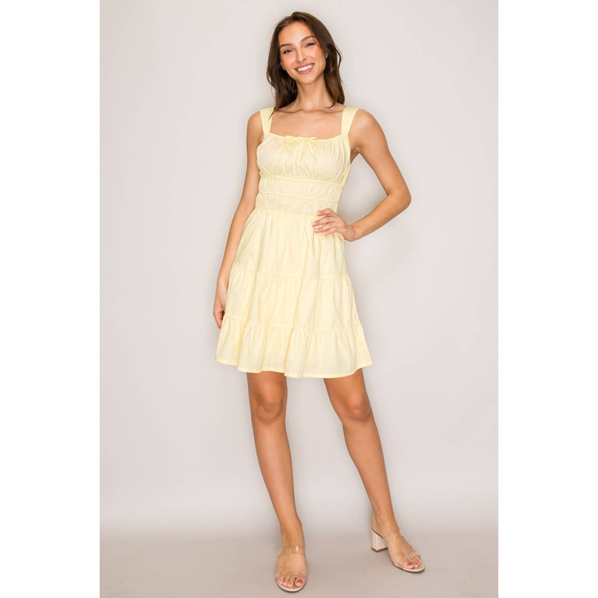 Tie Neck Sleeveless A-Line Ruffle Hem Mini Dress: Double Cream