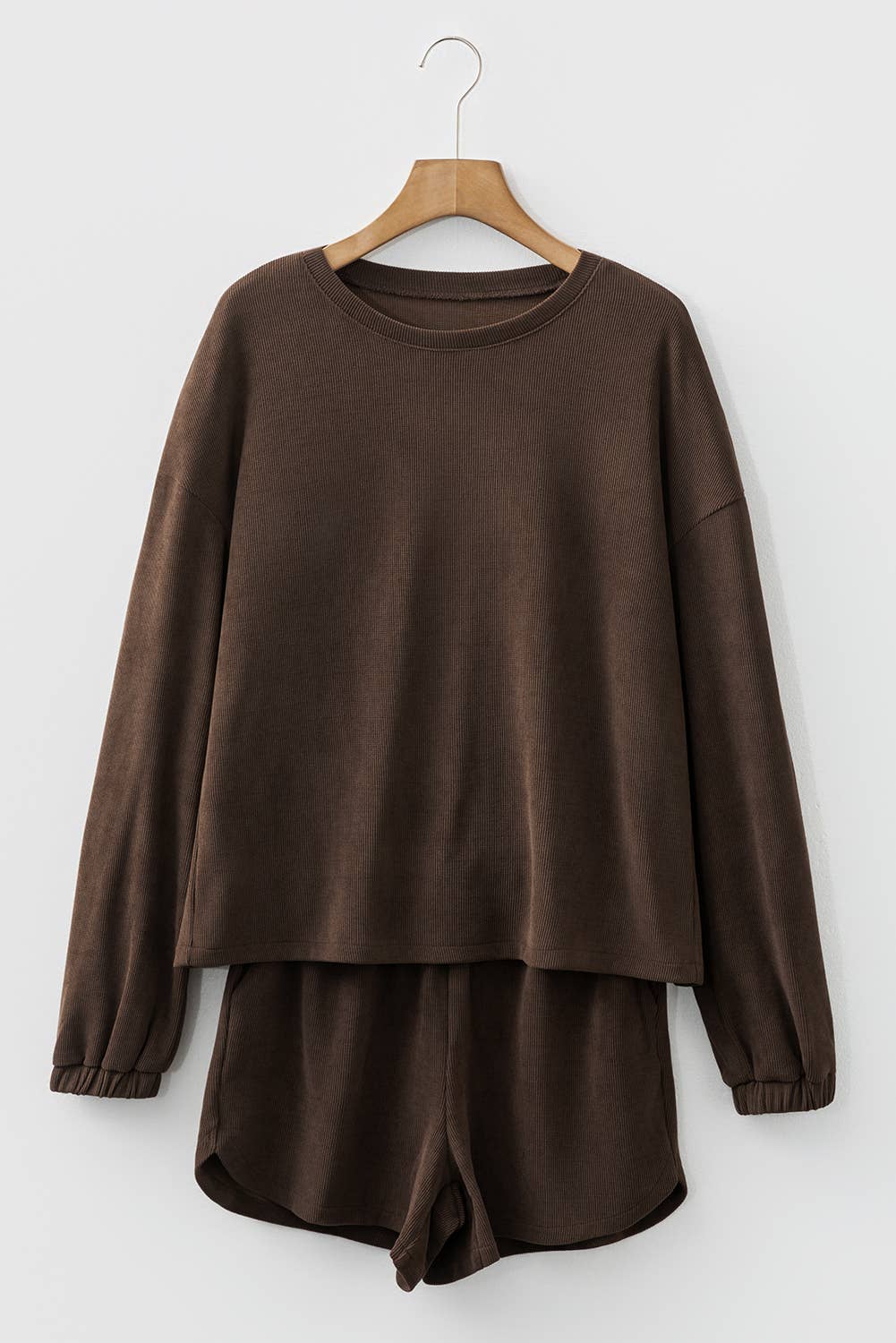 Textured Knit Drop Shoulder Pullover Drawstring Shorts Set: Dark Brown