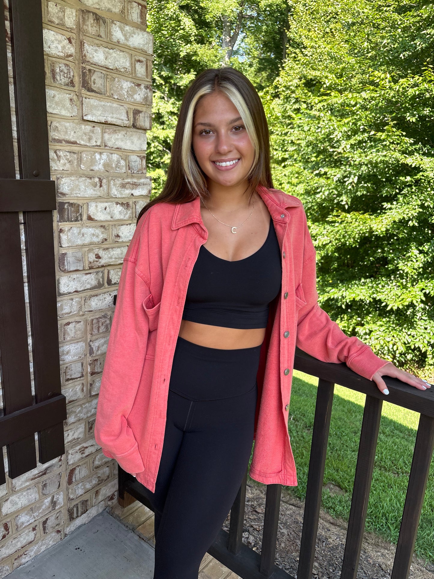 French Terry Shacket: CORAL RED