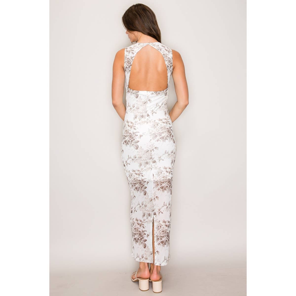 Printed Mesh Maxi Dress with Cut-Out Back: Audrey Coconut Milk