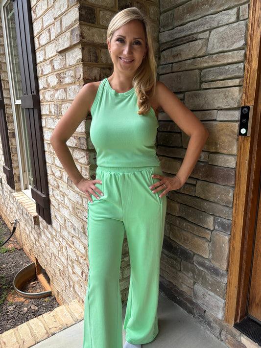 Ribbed Tank Top and Sweatpants Set Green