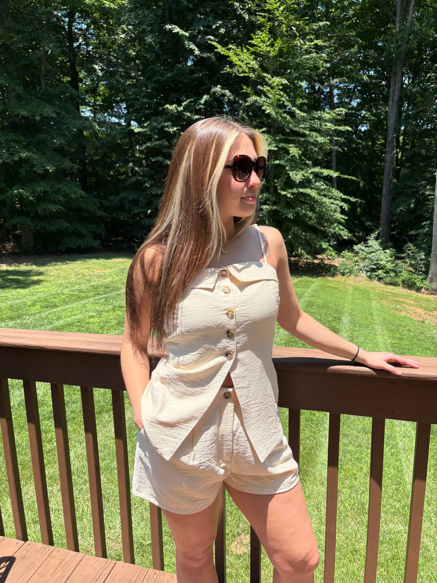 Strap Buttoned Top And Shorts Set: IVORY