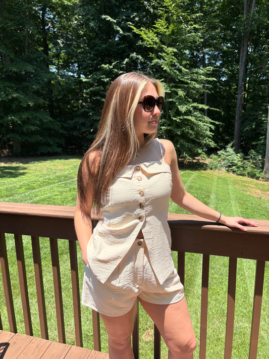 Strap Buttoned Top And Shorts Set: IVORY