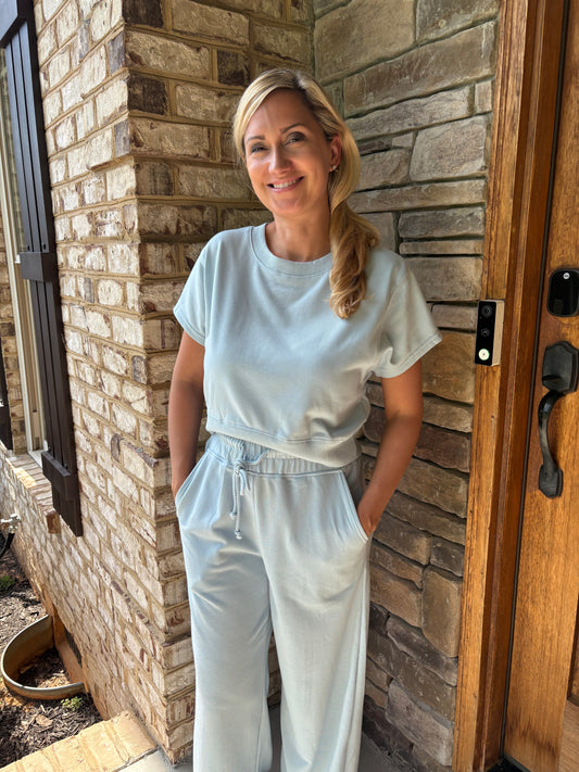 Soft Color Tee & Wide Leg Pants 2pcs Set: Mist Blue