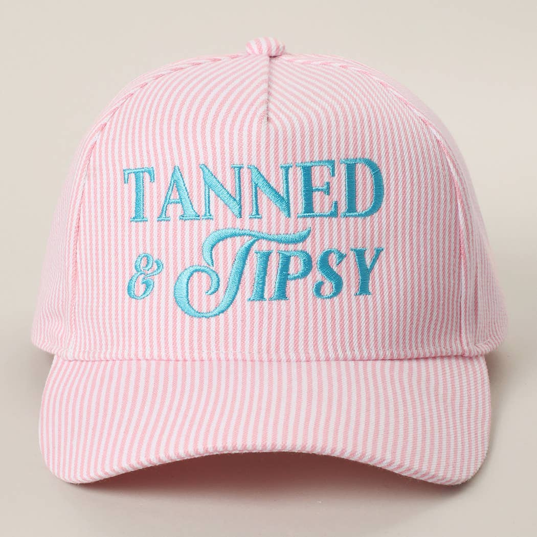 TANNED & TIPSY Embroidered Seersucker Stripe Trucker Hat: PINK