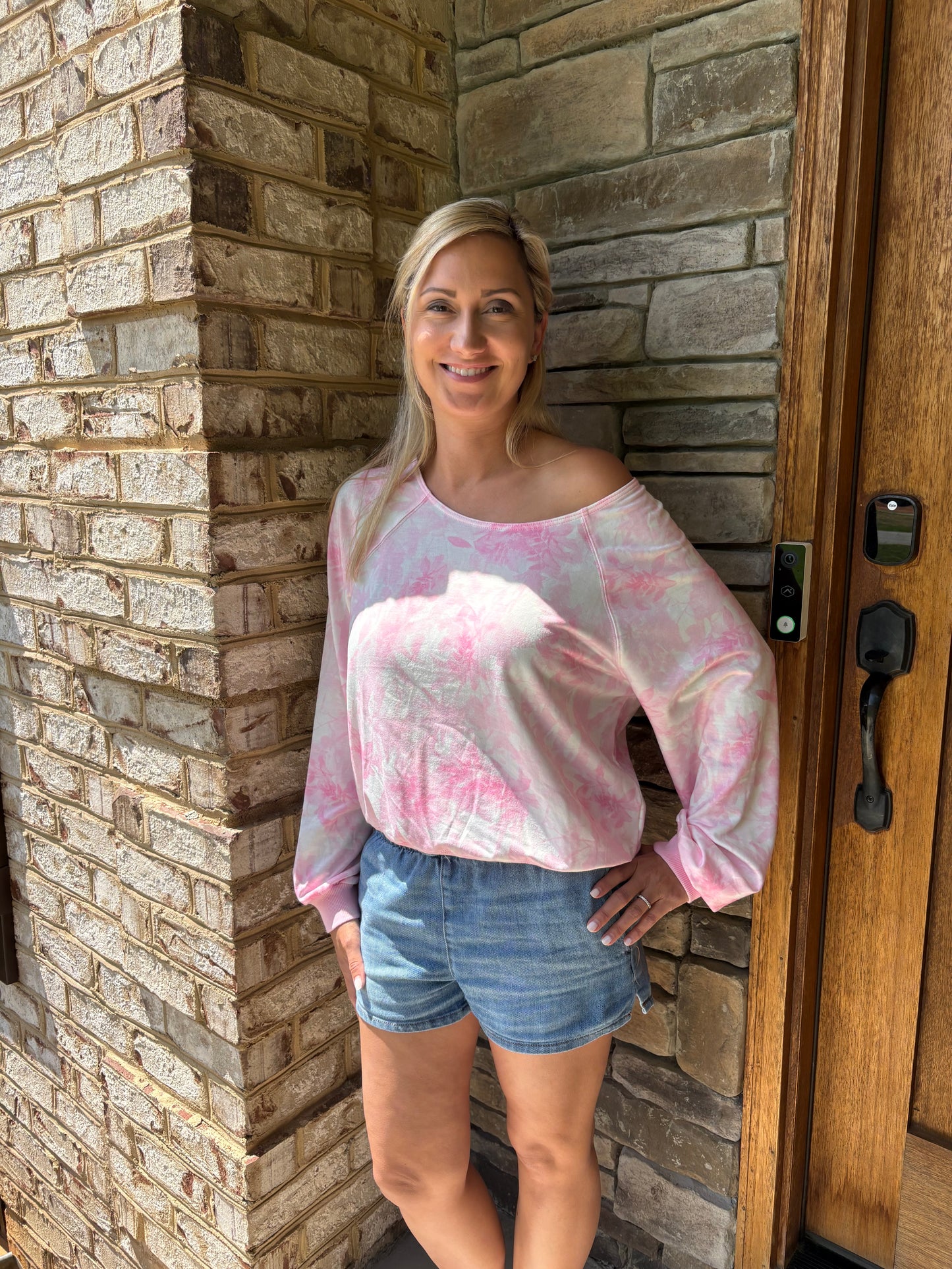 Abstract Woodland Print Asymmetric Shoulder Top: Pink