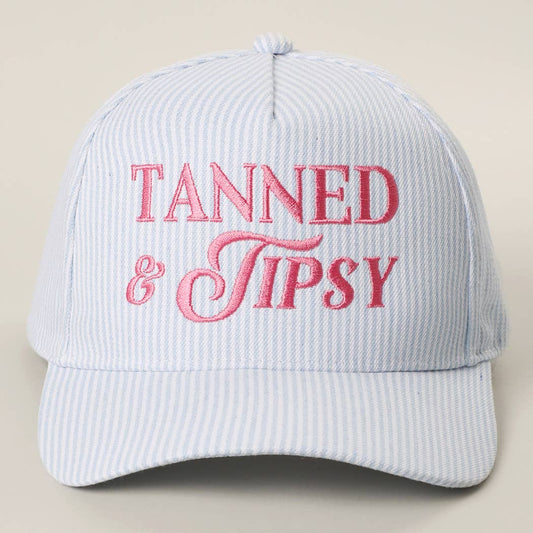 TANNED & TIPSY Embroidered Seersucker Stripe Trucker Hat: BLUE