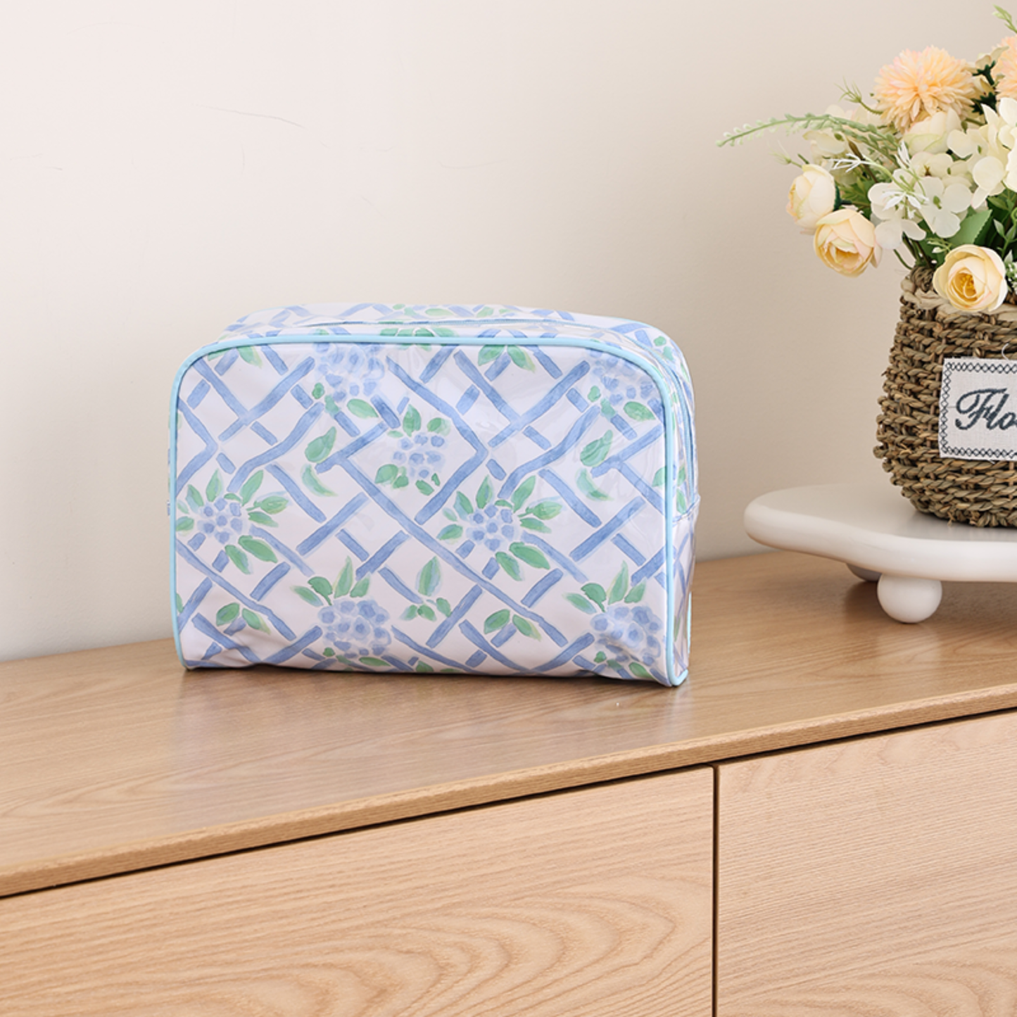 PVC Clear Coat Cosmetic Bag Make up Case Embroidery Blank: Seaside Vineyard