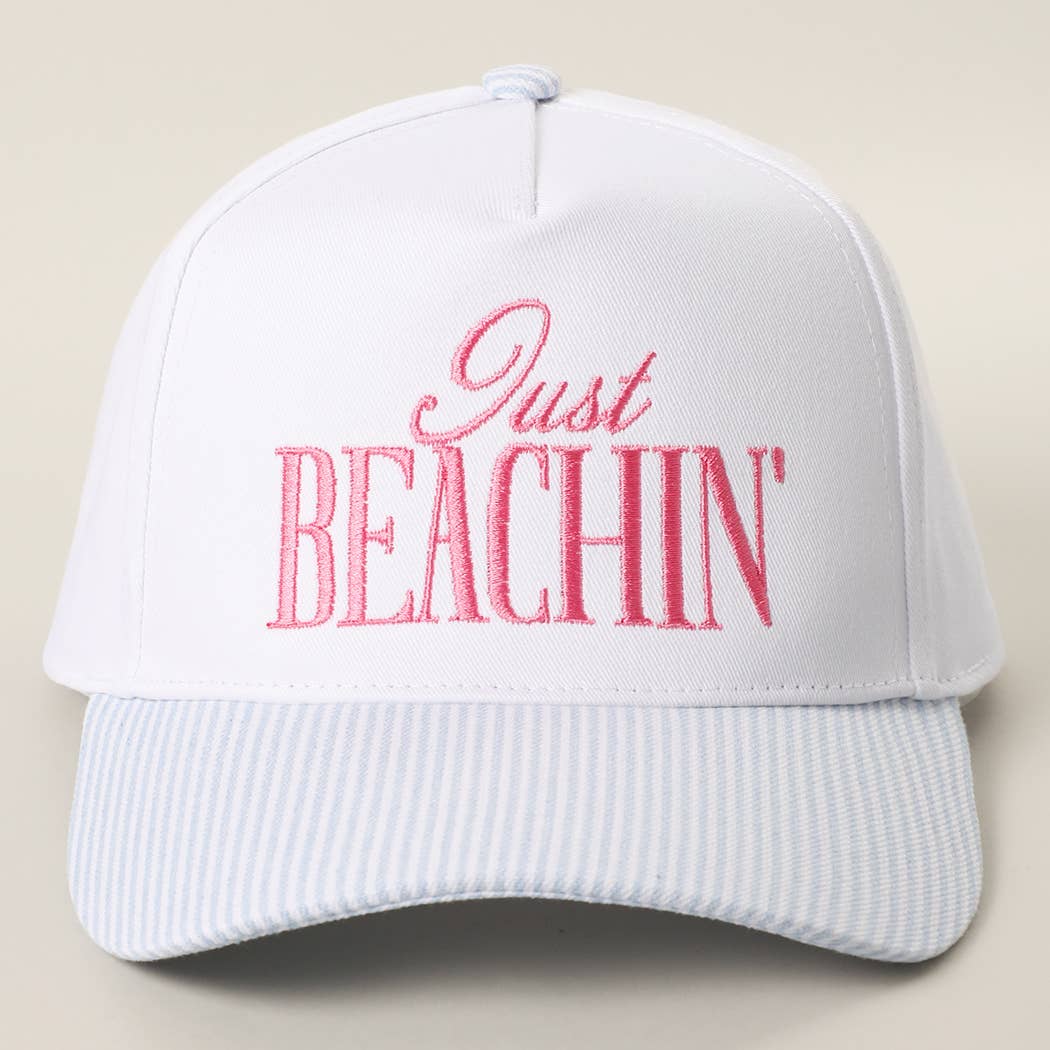 JUST BEACHIN' Embroidered Stripe Brim Trucker Hat BLUE