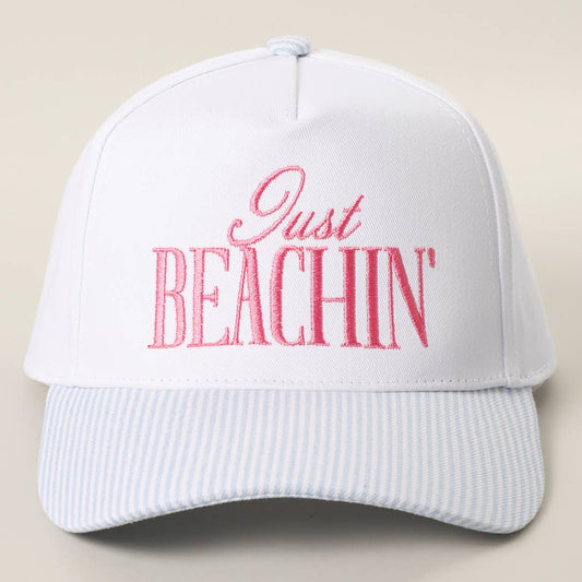 JUST BEACHIN' Embroidered Stripe Brim Trucker Hat BLUE