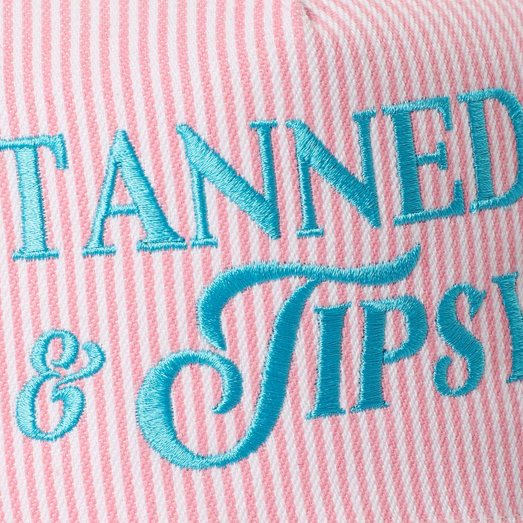 TANNED & TIPSY Embroidered Seersucker Stripe Trucker Hat: PINK