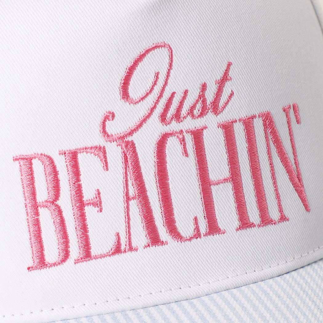 JUST BEACHIN' Embroidered Stripe Brim Trucker Hat BLUE