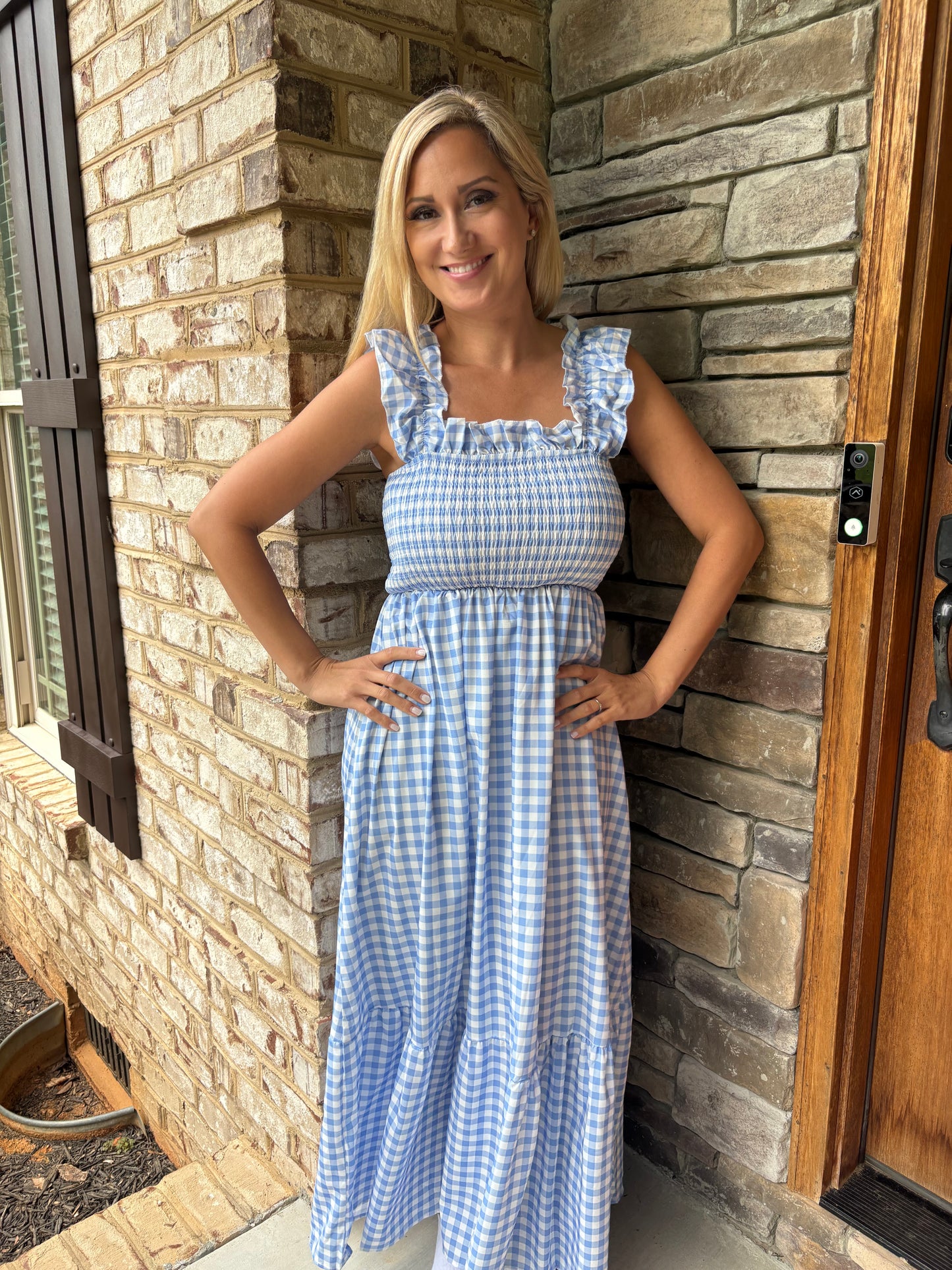 Plaid Square Neck Fit-and-flared Vacation Sundress Sky Blue
