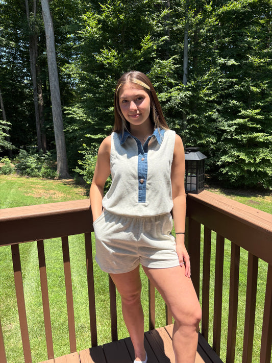 Denim Patchwork Polo Elastic Waist Romper