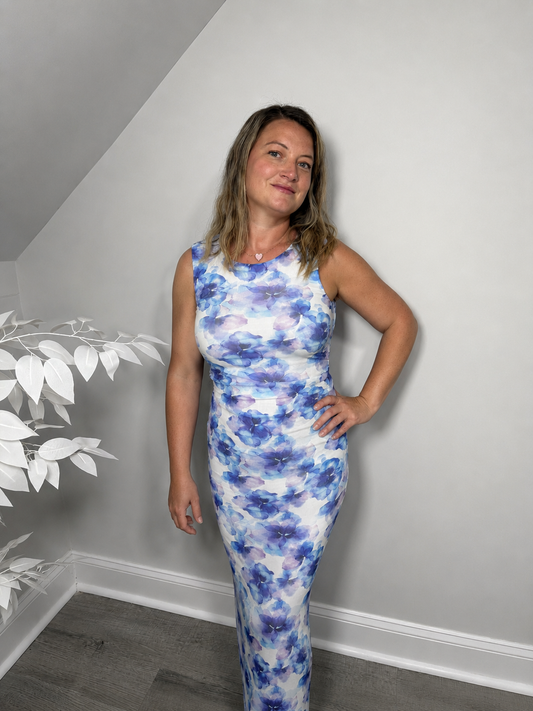 PrintIed Mesh Maxi Dress with Cut-Out Back: Prue Blue