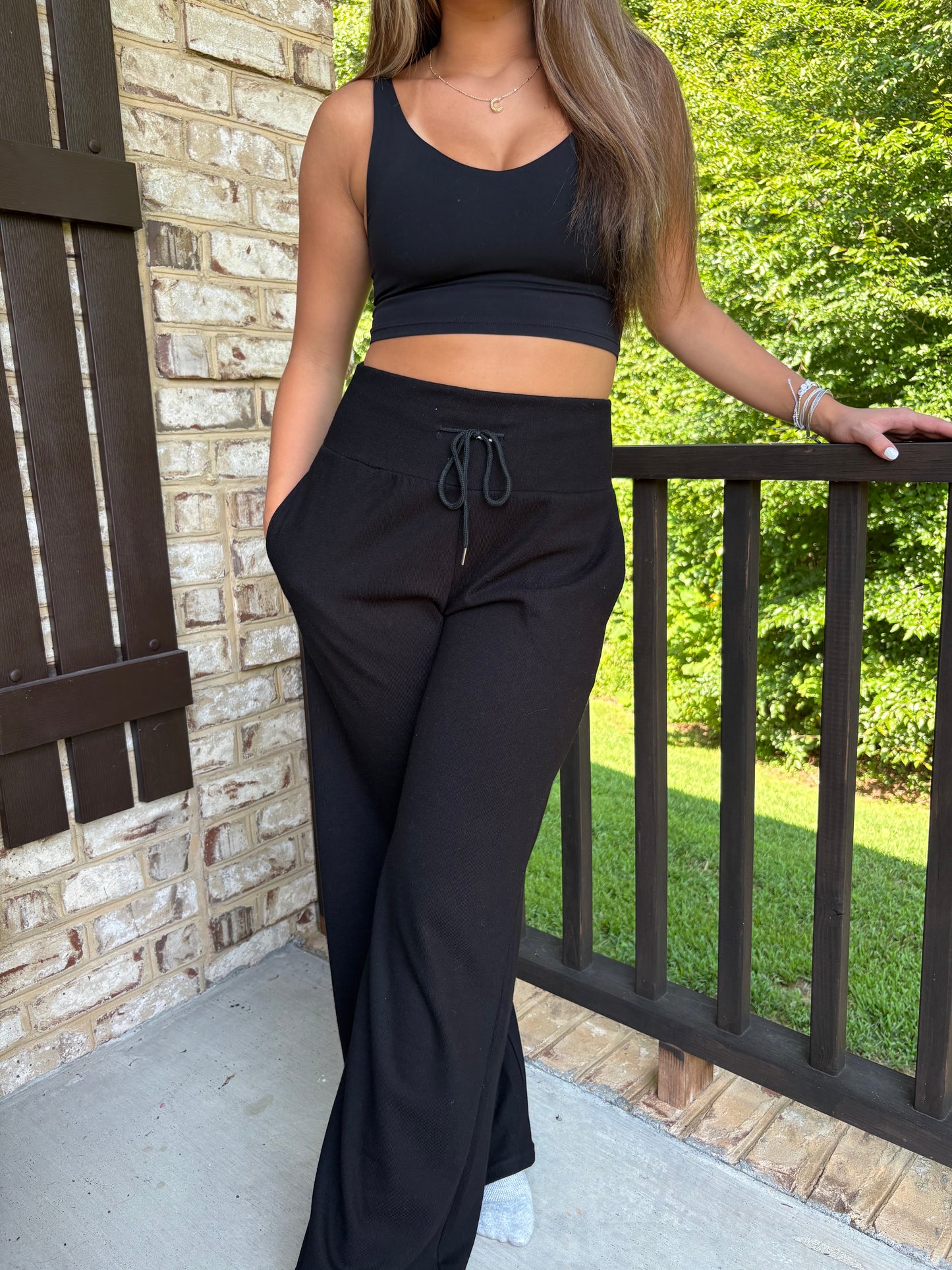 Ribbed Wide Band & Leg Pants: BLACK