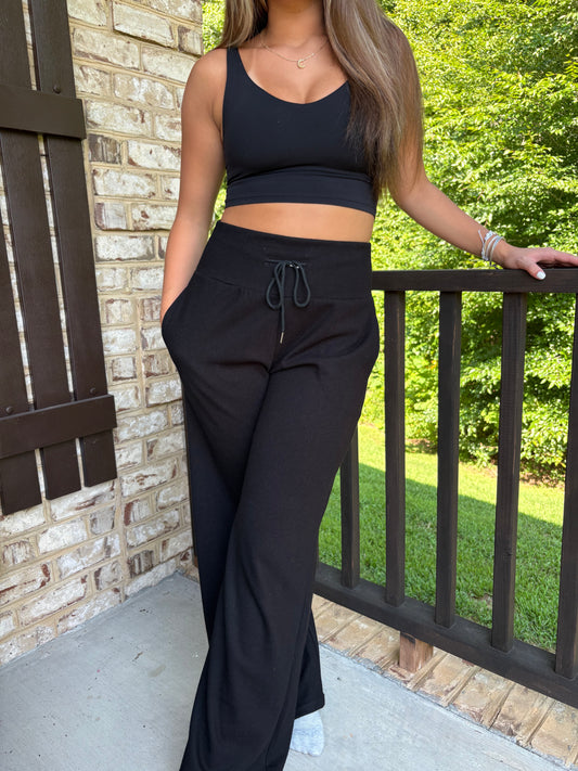 Ribbed Wide Band & Leg Pants: BLACK