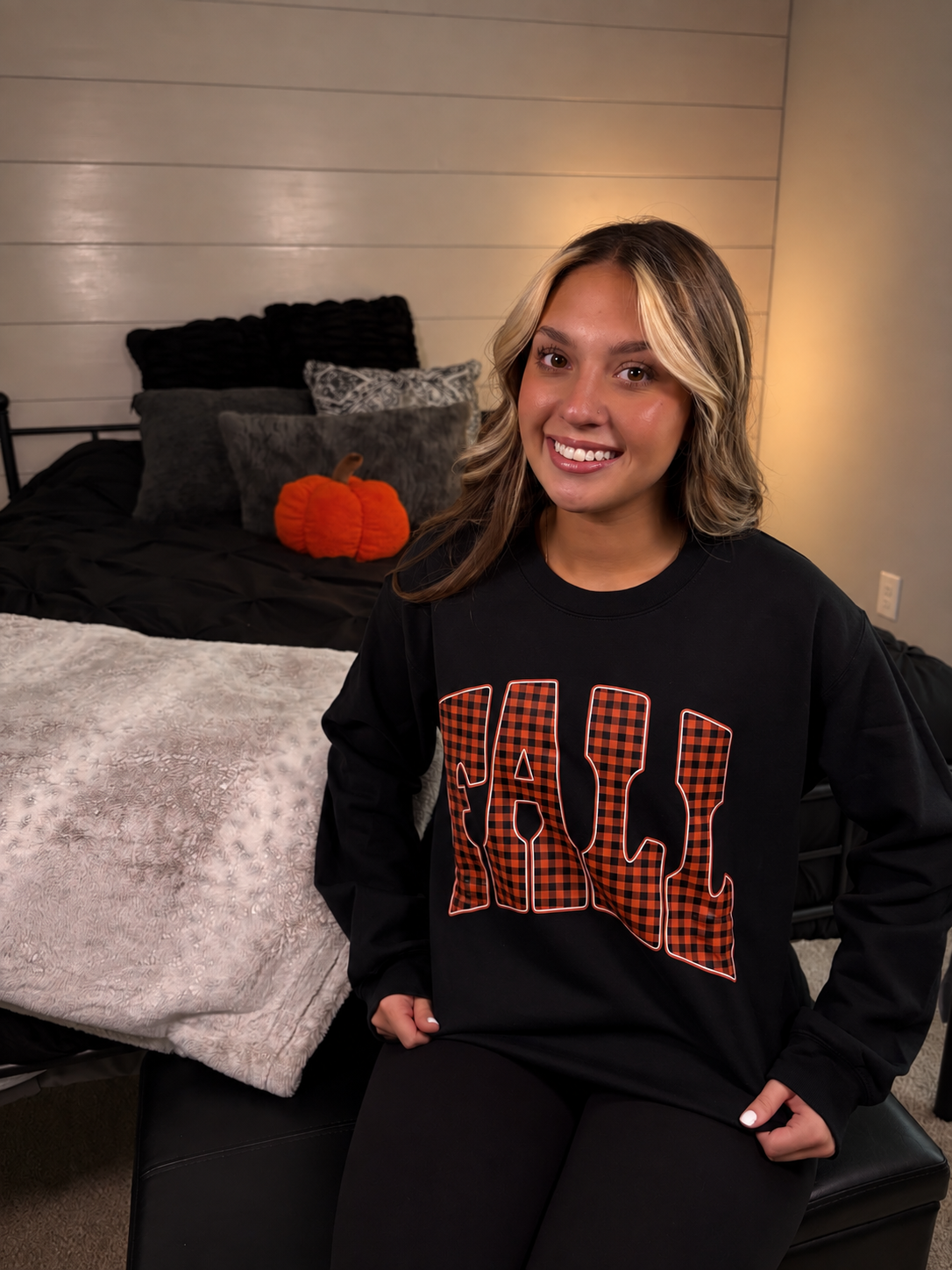 Gingham Fall Graphic Crewneck: BLACK