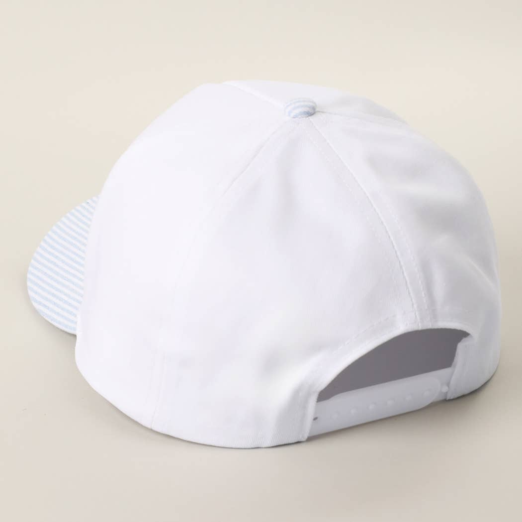 JUST BEACHIN' Embroidered Stripe Brim Trucker Hat BLUE