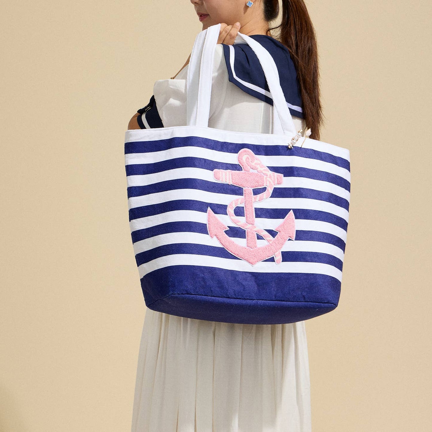 Striped Tote Bag with Anchor Design