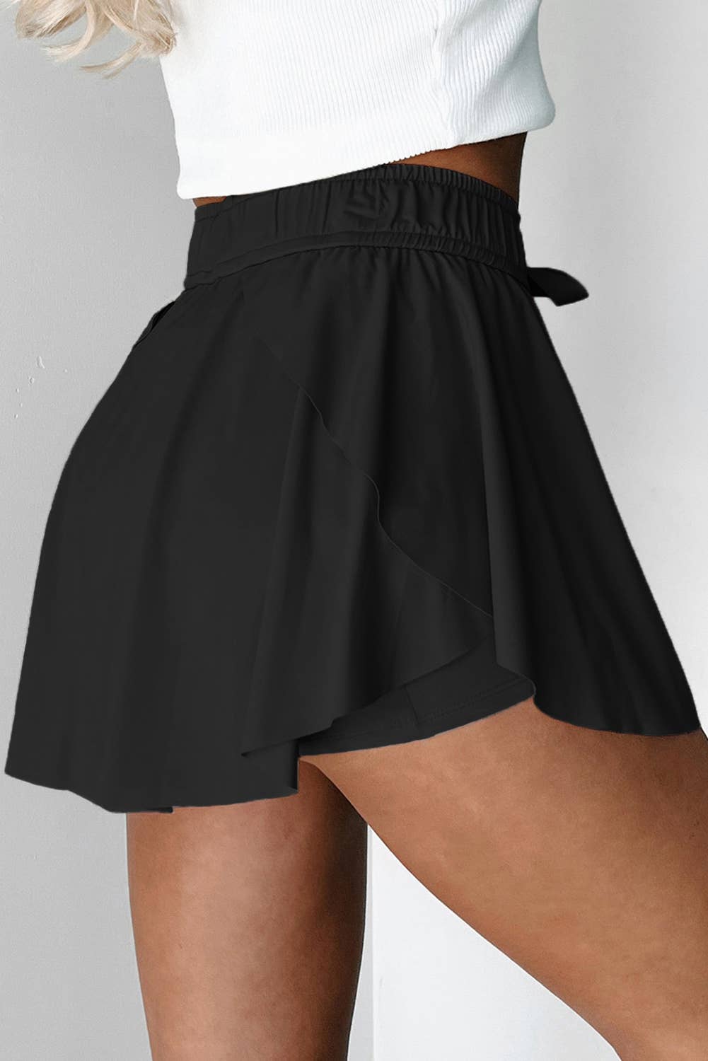 Drawstring Elastic Waistband Lined Tennis Skort: Black