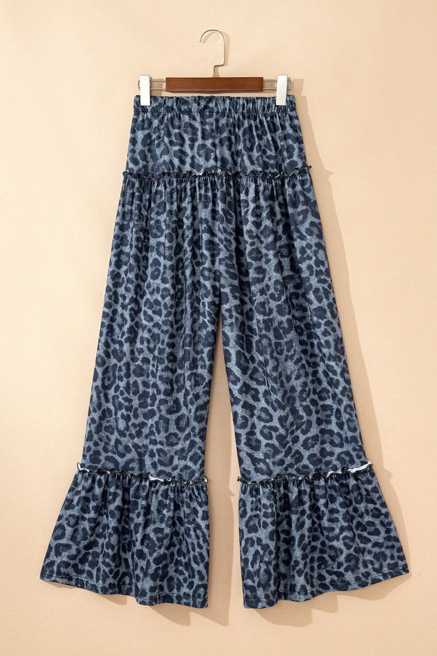 Gray Wild Leopard Print Frilled Detail Drawstring Wide Leg Pants: Gray