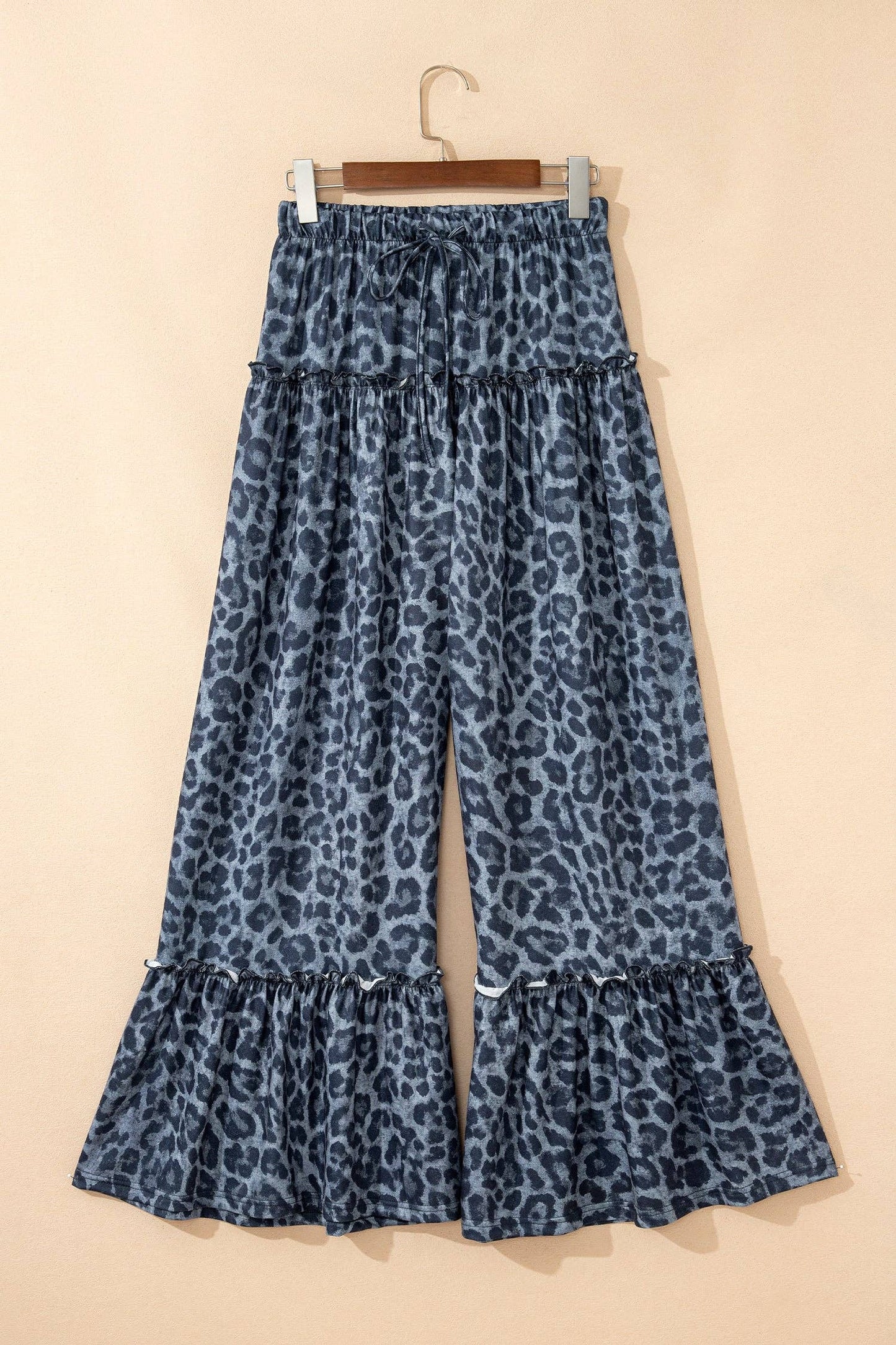 Gray Wild Leopard Print Frilled Detail Drawstring Wide Leg Pants: Gray